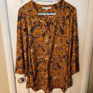 BLACK RAINN ORANGE PAISLEY TOP; 1X; LIKE NEW; FLOWERS, BIRDS